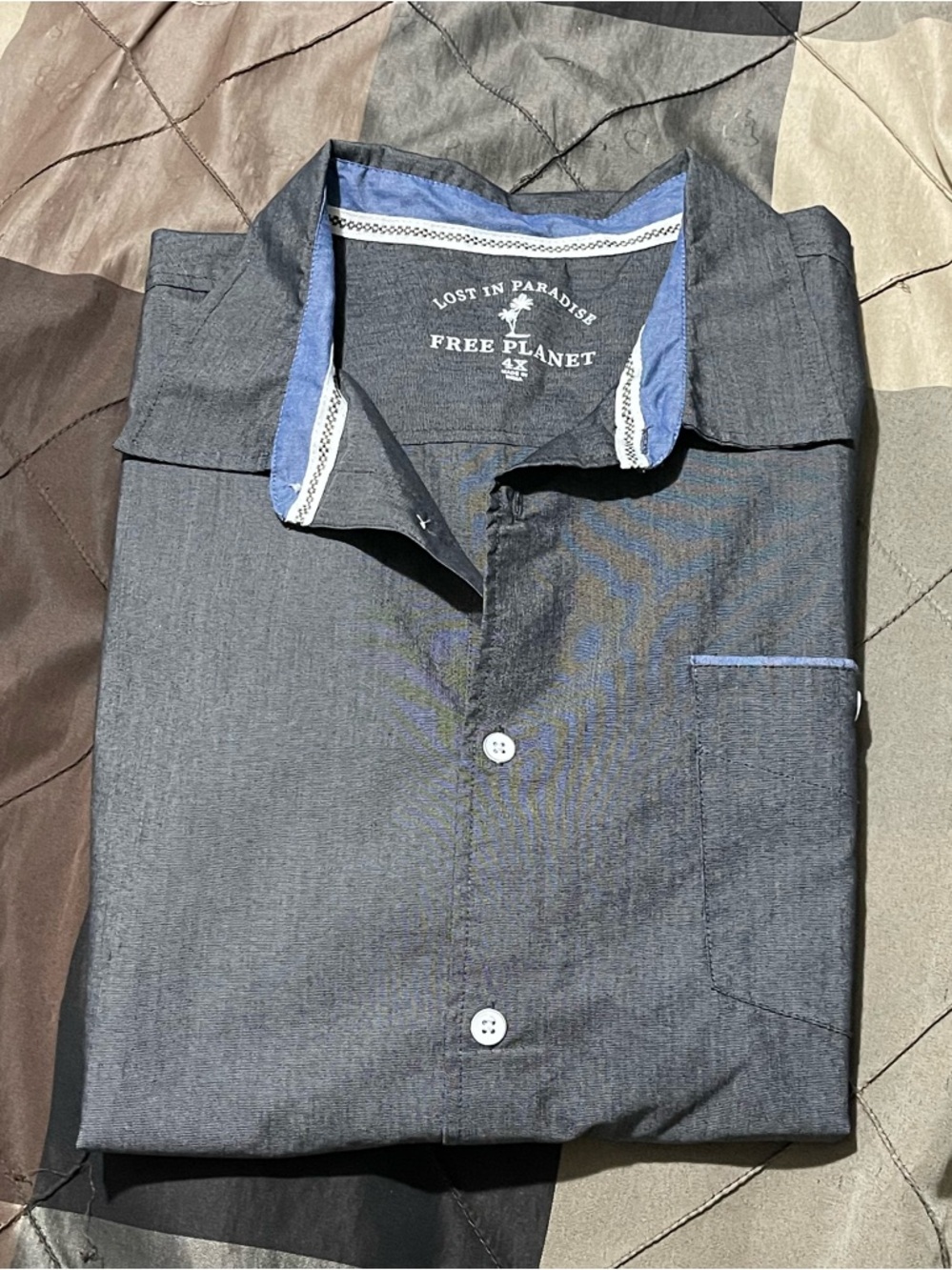 Free Planet Men's Dark Gray Button-Down Shirt with Blue Trim